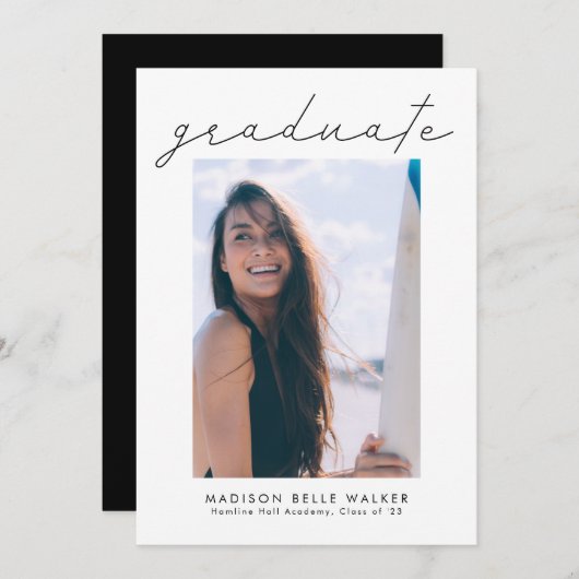 卒業式モダンのスクリプトの写真 招待状 (正面/裏面)