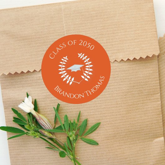 卒業式モダンクラシックローレルブライトオレンジ ラウンドシール