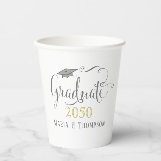 卒業式モダンスクリプエレガントトのMortarboard金ゴールド 紙コップ (正面)