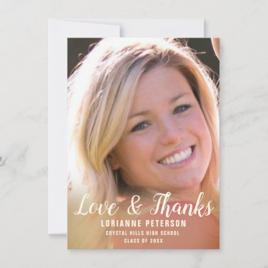 卒業式モダンスクリプト素朴バラ写真 サンキューカード (正面)