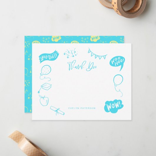 卒業式モダンドードルブルーライムありがとう ノートカード (正面/裏面インサイチュ)