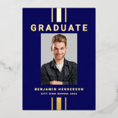 卒業式モダンネイビーブルーゴールドフォイル発表 箔招待状 (正面)