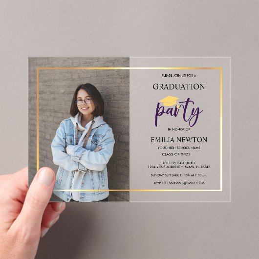 卒業式モダンパーティーキャップフォト アクリル招待状 (インサイチュ (ポータブル))