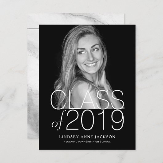 卒業式モダン積み重ね文字ダークフォト招待状 案内状 (正面/裏面)