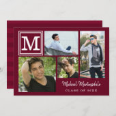 卒業式モノグラム写真コラージブルゴーニュ・マルーン 招待状 (正面/裏面)