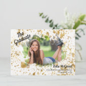 卒業式ユニークパーティ金ゴールド白写真 招待状 (スタンド正面)