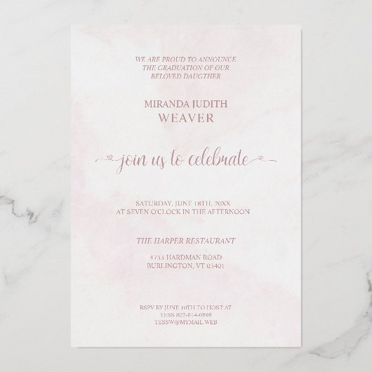 卒業式ロマンチック&今2枚の写真バラ金ゴールド 箔招待状 (裏面)