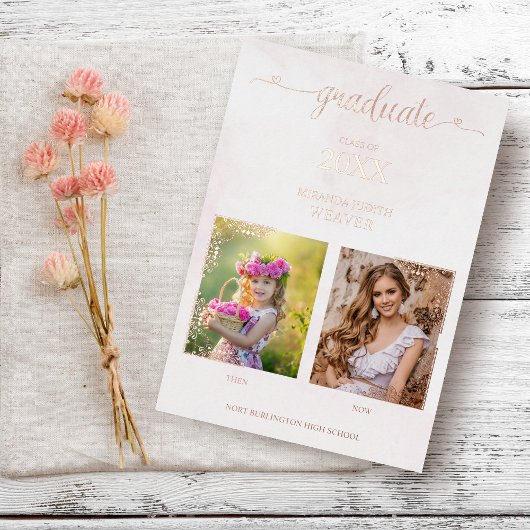 卒業式ロマンチック&今2枚の写真バラ金ゴールド 箔招待状