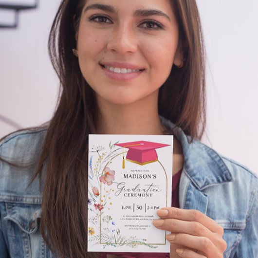 卒業式ワイルドフラワーズピンクグラッドハット 招待状