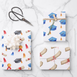 卒業式帽子卒業証書とメダルのパターン ラッピングペーパーシート