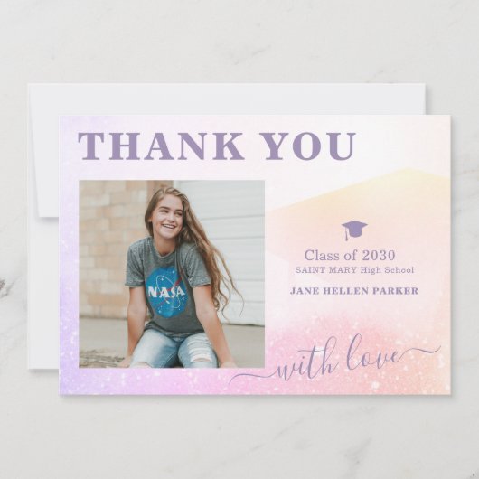 卒業式感謝していピンクガーリーの写真はがき サンキューカード (正面)