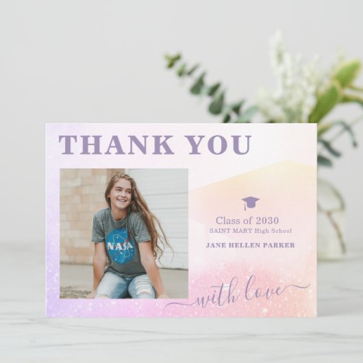 卒業式感謝していピンクガーリーの写真はがき サンキューカード (スタンド正面)