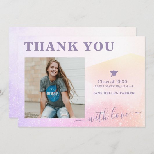 卒業式感謝していピンクガーリーの写真はがき サンキューカード (正面/裏面)