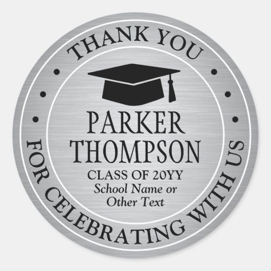 卒業式感謝祭 ブラシ加工された疑似メタリックシルバー ラウンドシール (正面)