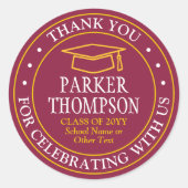 卒業式感謝 現代的なワインレッド ゴールド イエロー ラウンドシール (正面)