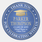 卒業式感謝 青ブルーゴールドとホワイト ラウンドシール (正面)