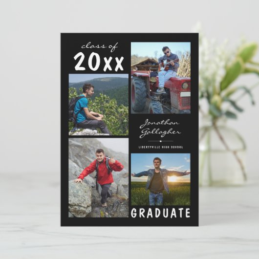 卒業式手書き名4フォトコラージュブラック 案内状 (スタンド正面)