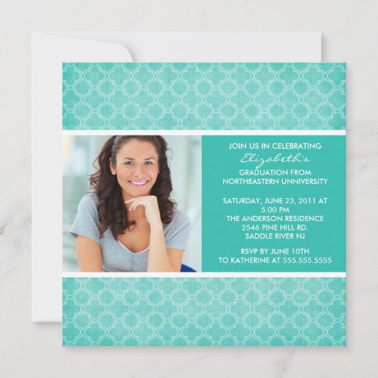 卒業式招待状 フォト ターコイズ柄 招待状 (正面)