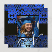 卒業式用ダマスクモノグラム 青と黒のシャンパンカラー 招待状 (正面/裏面)