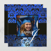 卒業式用ダマスクモノグラム、青、白、黒 招待状 (正面/裏面)