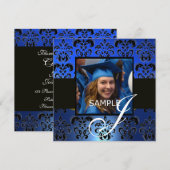 卒業式用ダマスク柄　モノグラム　青・白・黒 招待状 (正面/裏面)