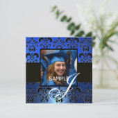 卒業式用ダマスク柄　モノグラム　青・白・黒 招待状 (スタンド正面)