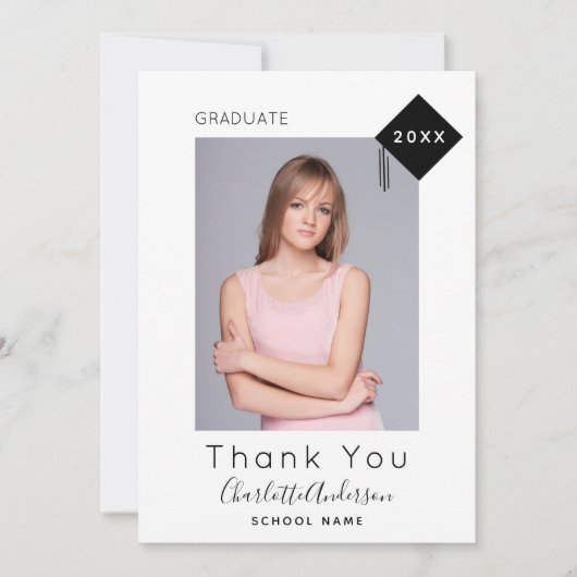 卒業式白黒モダン感謝してい写真 サンキューカード (正面)