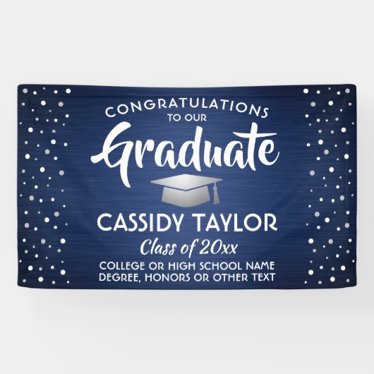 卒業式紙吹雪ブラシ仕上げネイビーブルーホワイトシルバー 横断幕 (横)