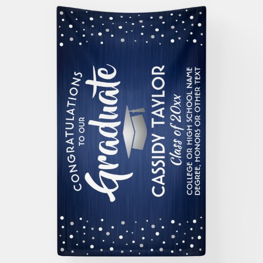 卒業式紙吹雪ブラシ仕上げネイビーブルーホワイトシルバー 横断幕 (縦)