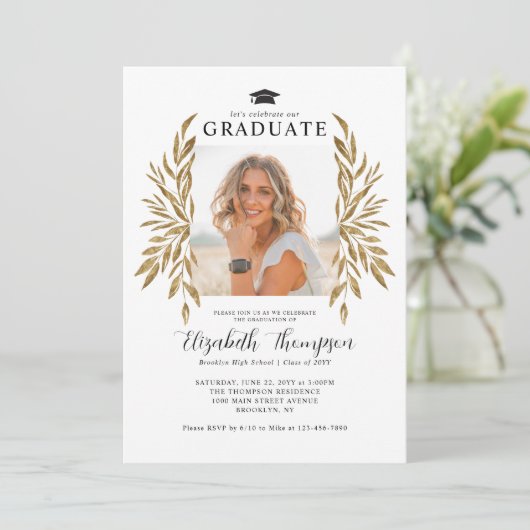 卒業式素朴パーティモダンの金ゴールド葉の写真 招待状 (スタンド正面)