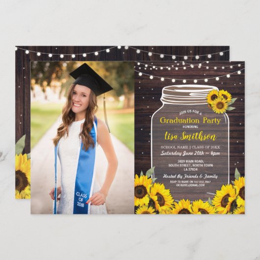 卒業式素朴パーティージャンウッドヒマワリ写真 招待状 (正面/裏面)