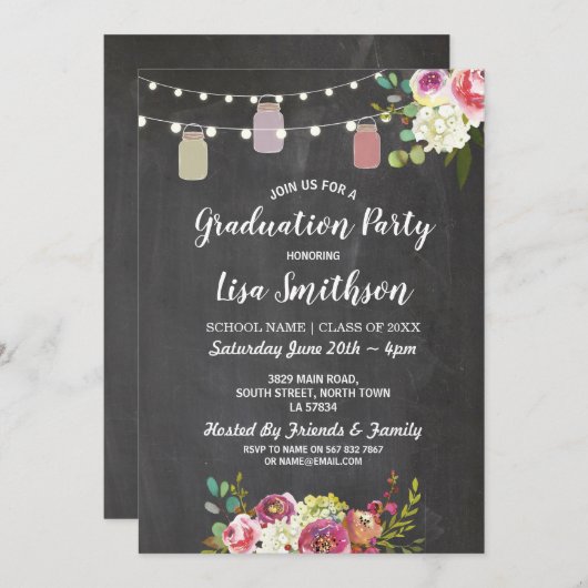 卒業式素朴パーティージャースチョークフラワーズ招待状 招待状 (正面/裏面)