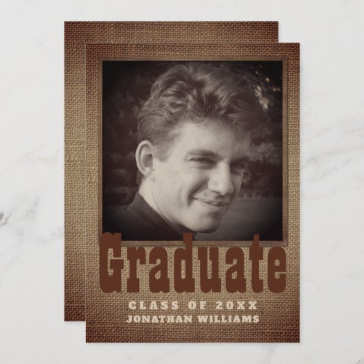 卒業式素朴BurlapタイポグラフィBW写真 案内状 (正面/裏面)