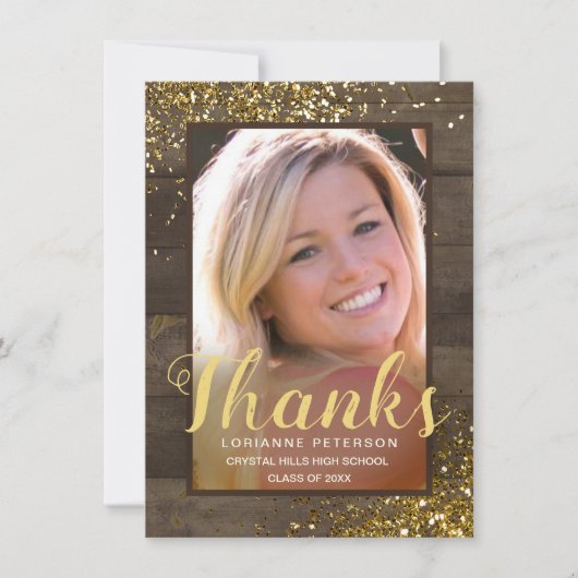 卒業式素朴Glam感謝してい金ゴールドスクリプト写真 サンキューカード (正面)