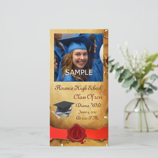 卒業式赤褐色ワックスシールモノグラム 案内状 (スタンド正面)