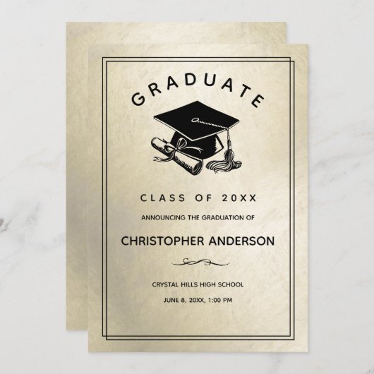 卒業式金ゴールドと卒業式キャップの卒業証書 案内状 (正面/裏面)