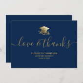 卒業式金ゴールドキャップ愛と感謝していスクリプトブルー サンキューカード (正面/裏面)