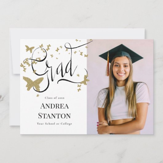 卒業式金ゴールド蝶の卒業書道 案内状 (正面)