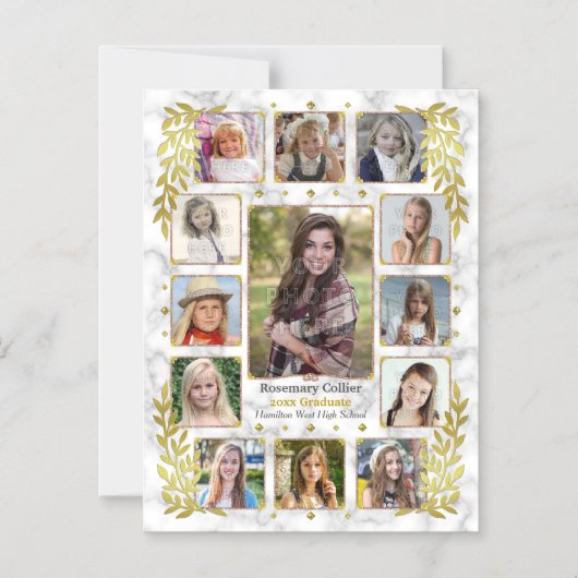 卒業式高校写真校 |大理石金ゴールド マグネット招待状 (正面)