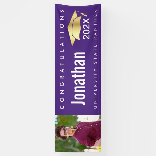 卒業式1フォト金ゴールドモダンキャップはっきりしたパープル 横断幕 (縦)