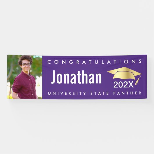 卒業式1フォト金ゴールドモダンキャップはっきりしたパープル 横断幕 (横)