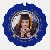 卒業式2フォトブルー |金ゴールドのGrad Capクラス年 オーナメントカード (正面)