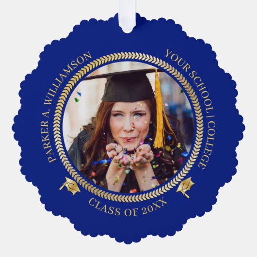 卒業式2フォトブルー |金ゴールドのGrad Capクラス年 オーナメントカード (正面)