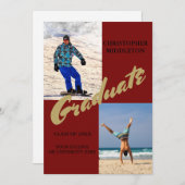 卒業式2写真男性モダンマルーンお祝い 招待状 (正面/裏面)