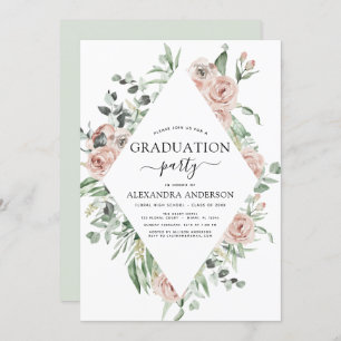 卒業式2022ほこりっぽいピンクのフローラ緑 招待状