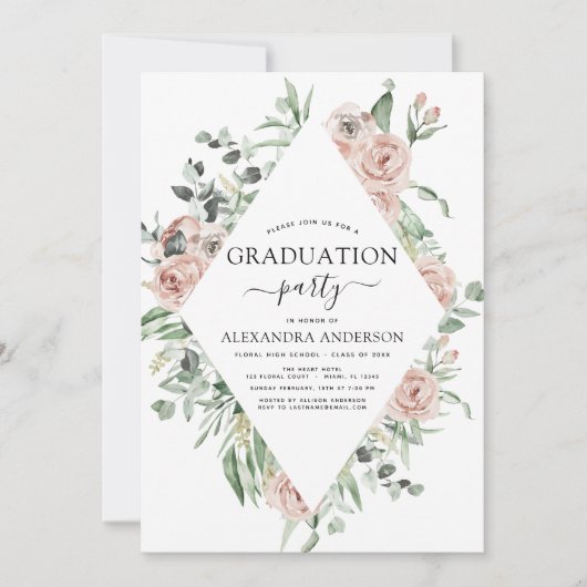 卒業式2022ほこりっぽいピンクのフローラ緑 招待状 (正面)