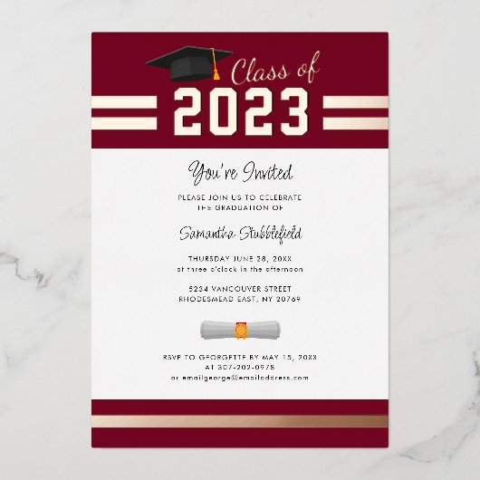 卒業式2023バーガンディグラードパーティーバラ金ゴールド 箔招待状 (正面)