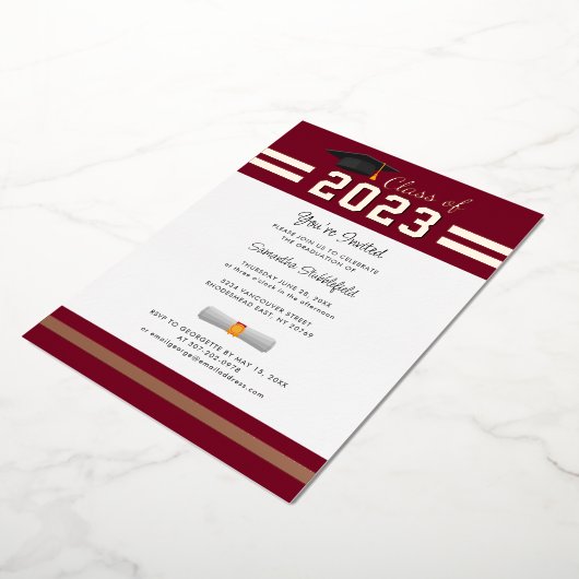 卒業式2023バーガンディグラードパーティーバラ金ゴールド 箔招待状 (回転した状態)