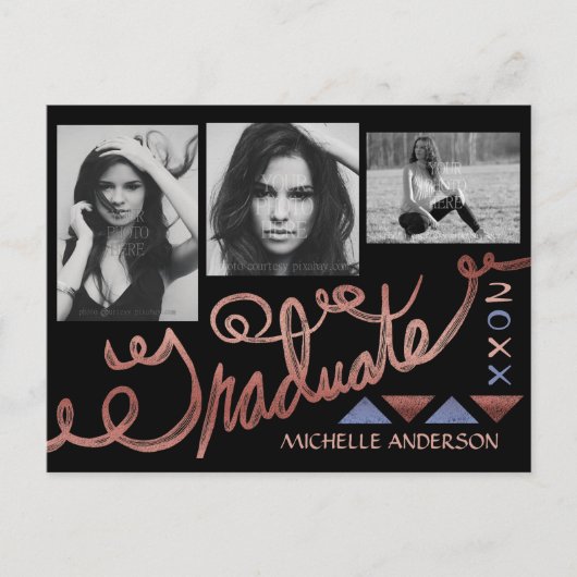 卒業式2023フォトコラージュフェイクバラ金箔 案内ポストカード (正面)