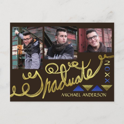 卒業式2023フォトコラージュフェイク金ゴールドタイポグラフィ 案内ポストカード (正面)